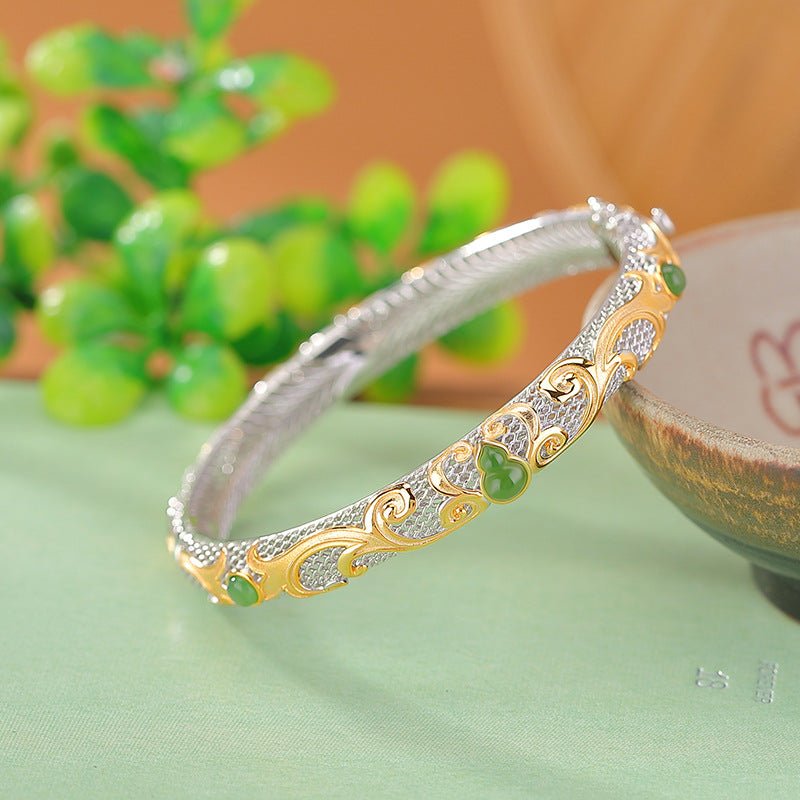 S925 Gold - Plated Hetian Jade Bangle – "Double Blessing Cuff" - Taichi - Zen