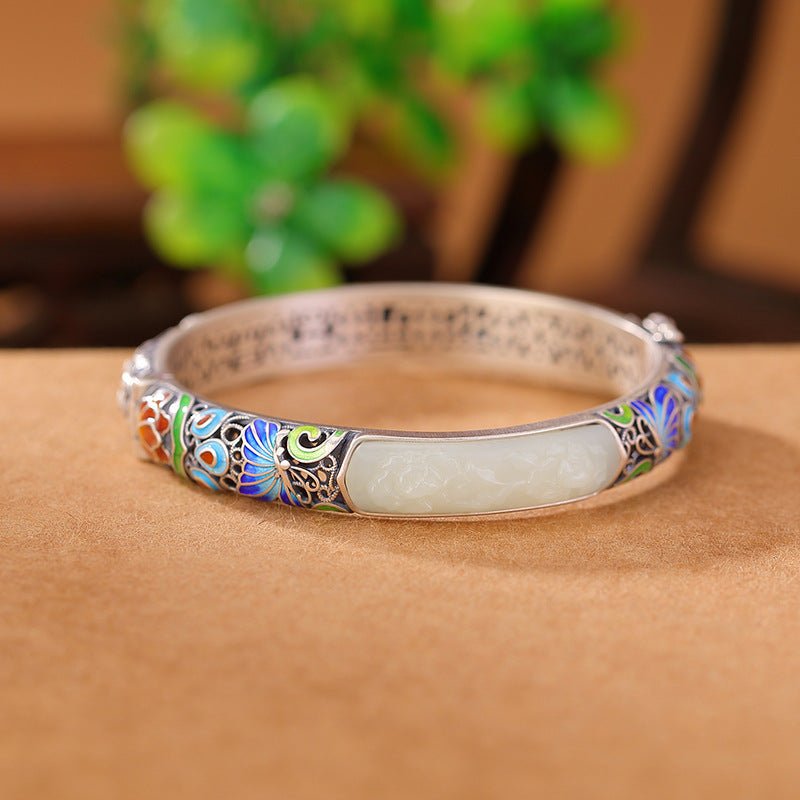 S925 Sterling Silver Hetian Jade Bangle – Adjustable Open Design with Enamel Butterfly & Lotus Motifs - Taichi - Zen