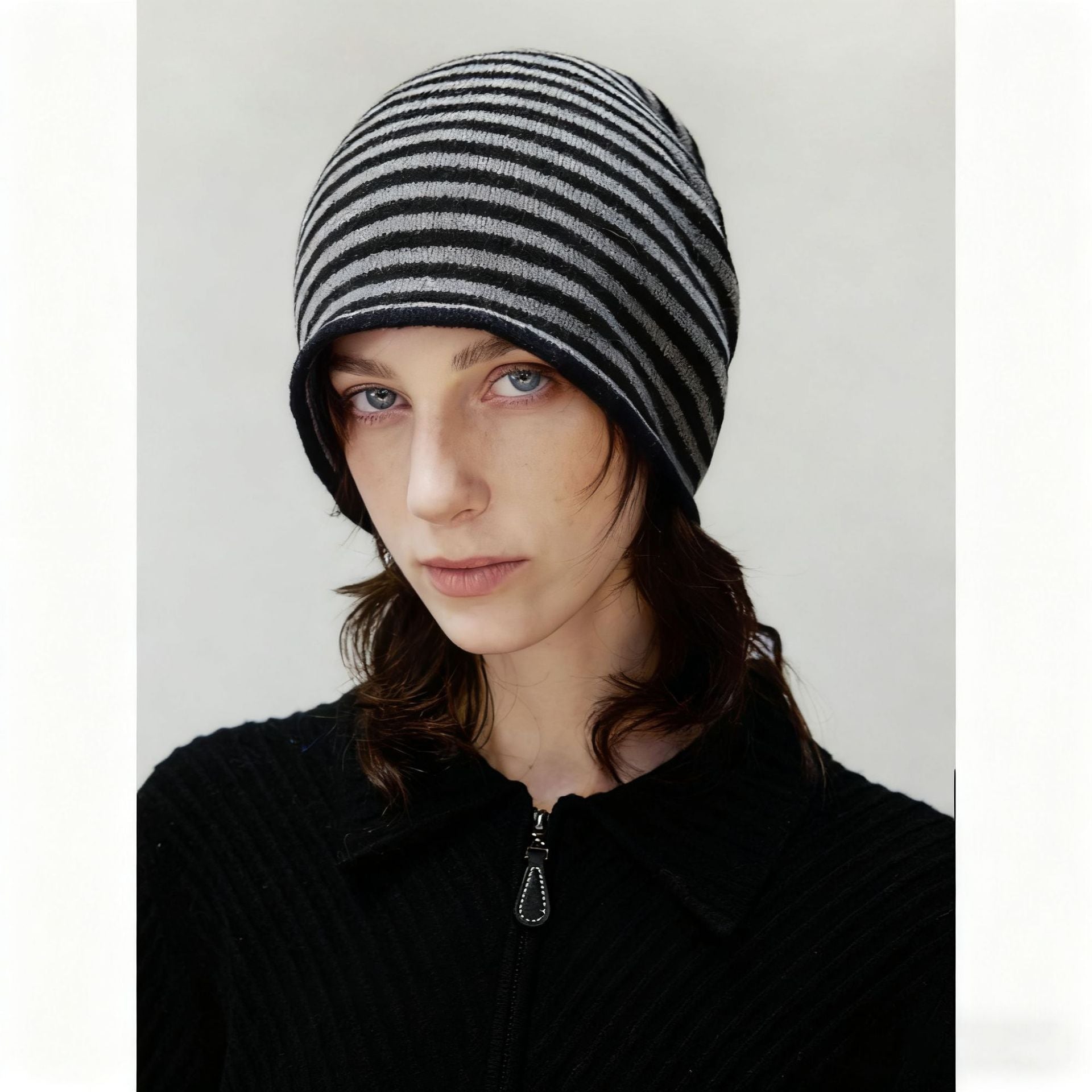 Women's Striped Slouch Beanie, Slubby Wool Knit Hat for Women, Relaxed Fit Winter Hat, Slouchy Beanie
