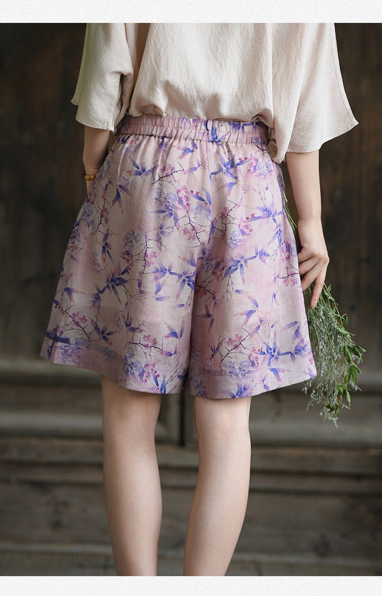 Lotus Ink – Printed Ramie A - line Shorts with Vintage Bloom - Taichi - Zen