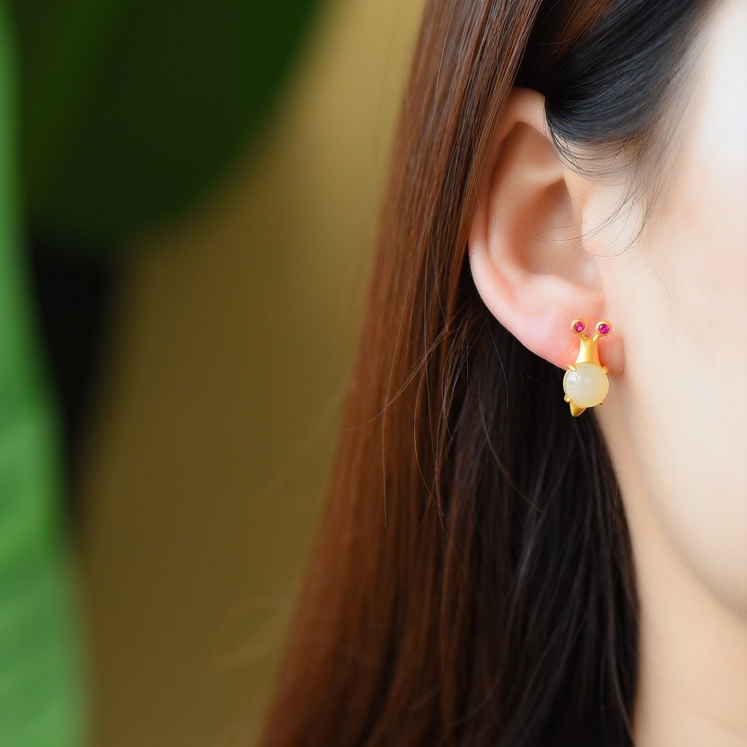White Jade Snail Earrings – Two Soft Travelers in Gold Light - Taichi - Zen