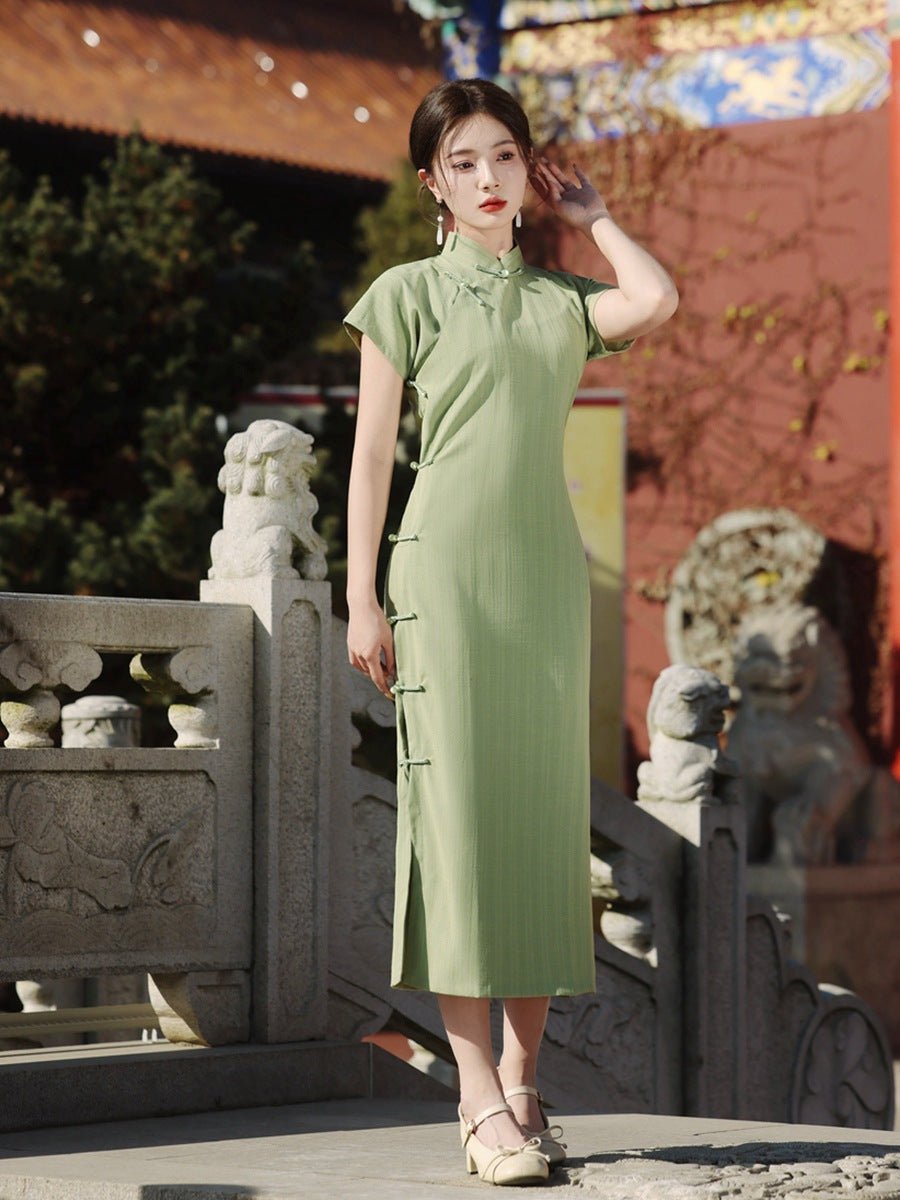 Light Pistachio Qipao in Textured Cotton Blend - Taichi - Zen
