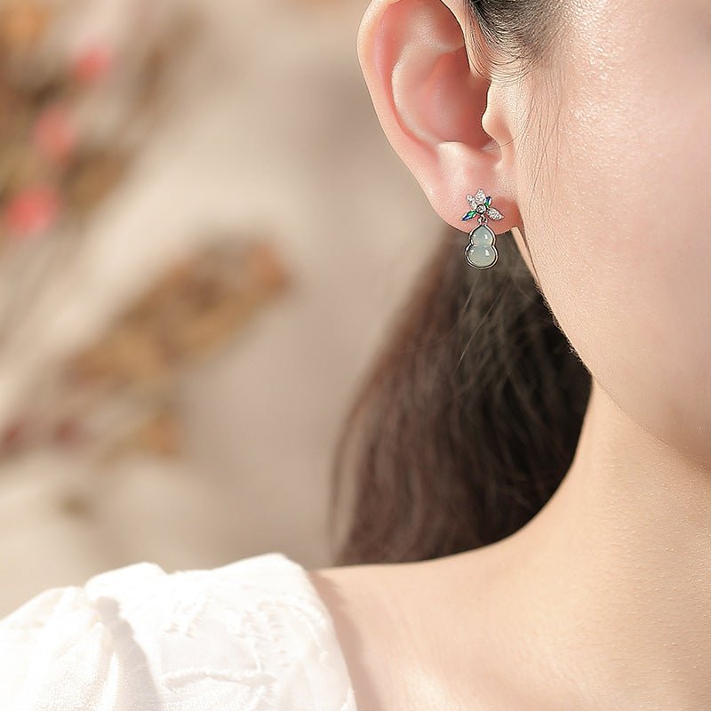 S925 Sterling Silver Jadeite Earrings – "Orchid & Gourd Blessings" - Taichi - Zen