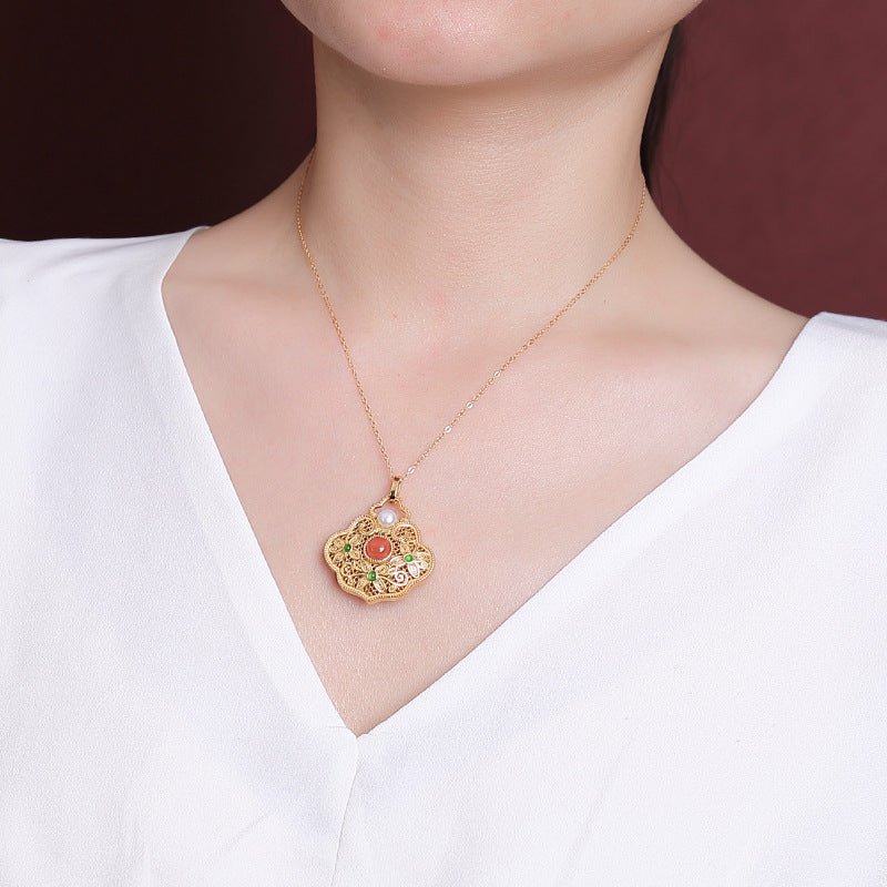 S925 Gold - Plated Red Agate Pendant – "Blossoming Fortune" - Taichi - Zen