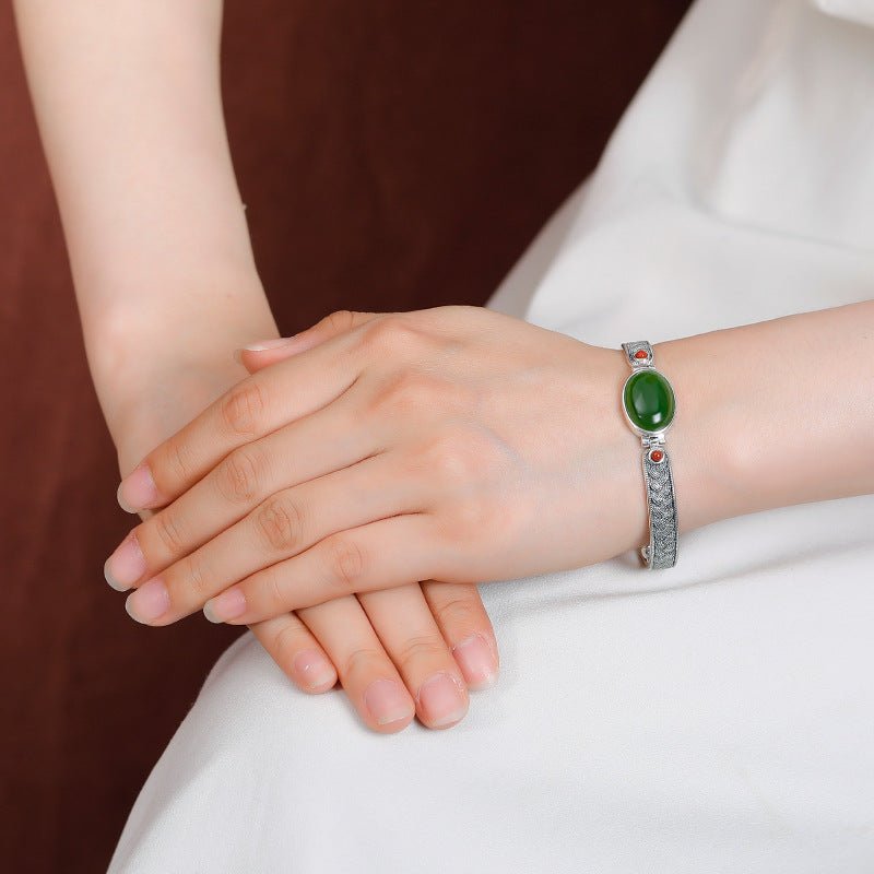 S925 Sterling Silver Hetian Jade & Red Agate Bracelet – Woven "Eternal Knot" Design | Mindful Energy Jewelry - Taichi - Zen