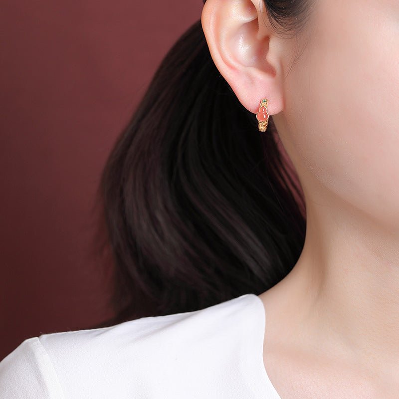 S925 Gold - Plated Red Agate Clip Earrings – "Double Blessing Scrolls" - Taichi - Zen