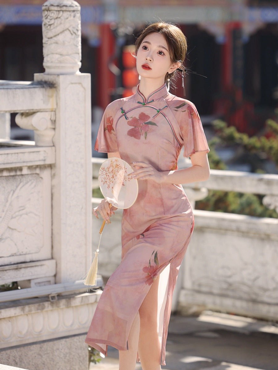 Blush Floral Qipao with Sheer Flutter Sleeves - Taichi - Zen