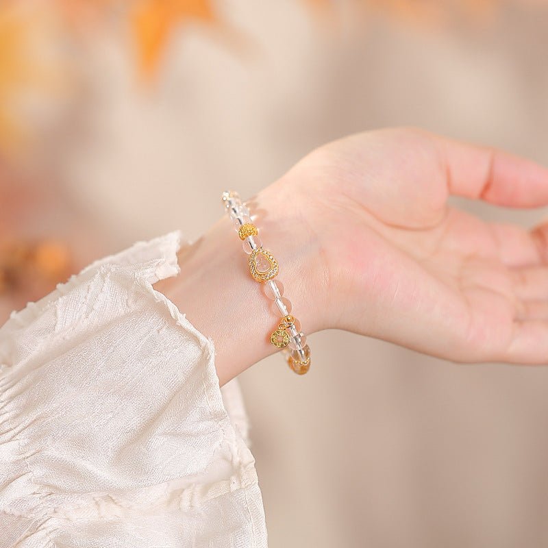 S925 Sterling Silver Gold - Plated Yellow Phantom Quartz & Clear Crystal Bracelet – Double Gourd & Coin Charm for Abundance - Taichi - Zen