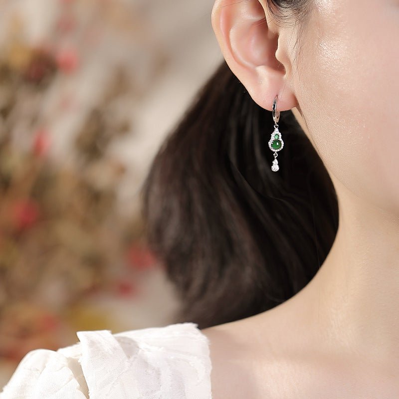 S925 Sterling Silver Jadeite Earrings – "Gourd Harmony Talismans" - Taichi - Zen
