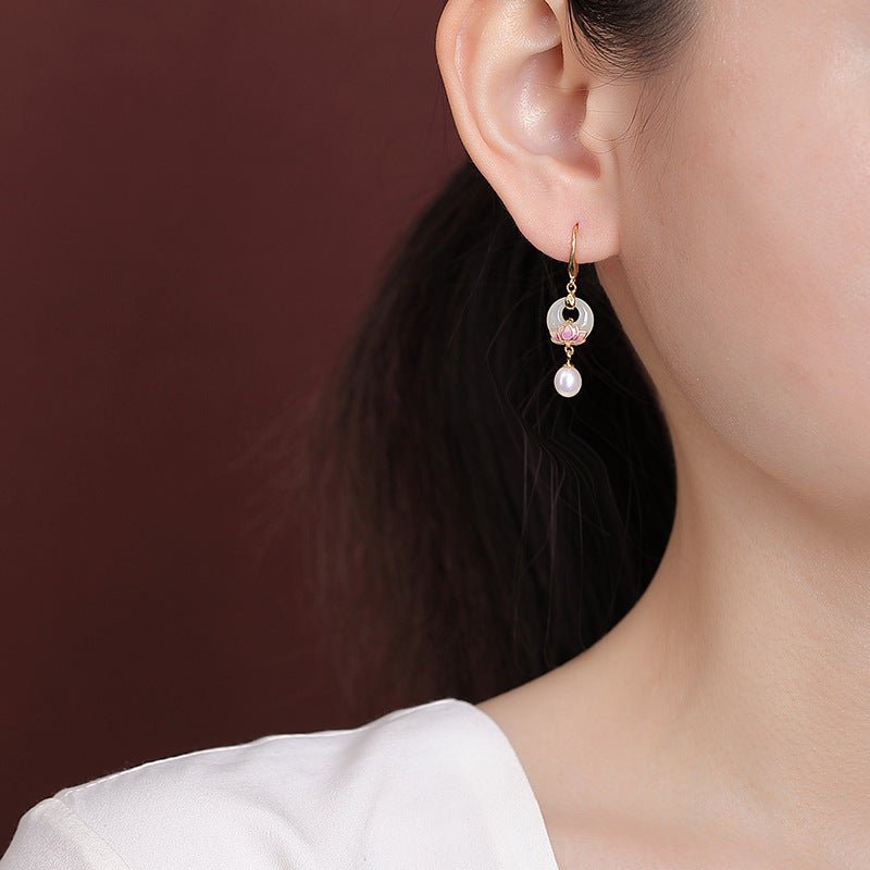 Chinese ’Hetianyu'：Good Fortune to Go - Hetian Jade & Pearl Enamel Earrings - Taichi - Zen