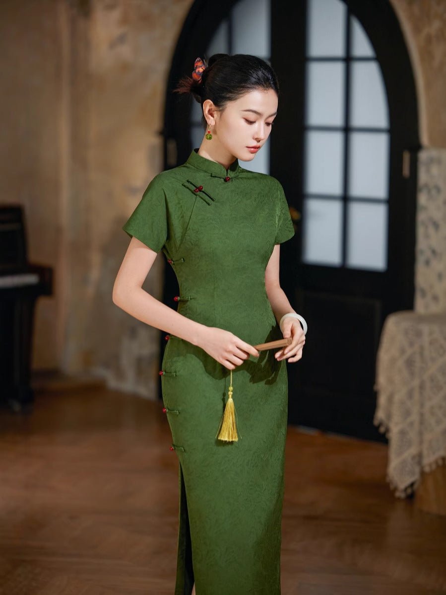 Summer Green Jacquard Qipao with Side Slit - Taichi - Zen