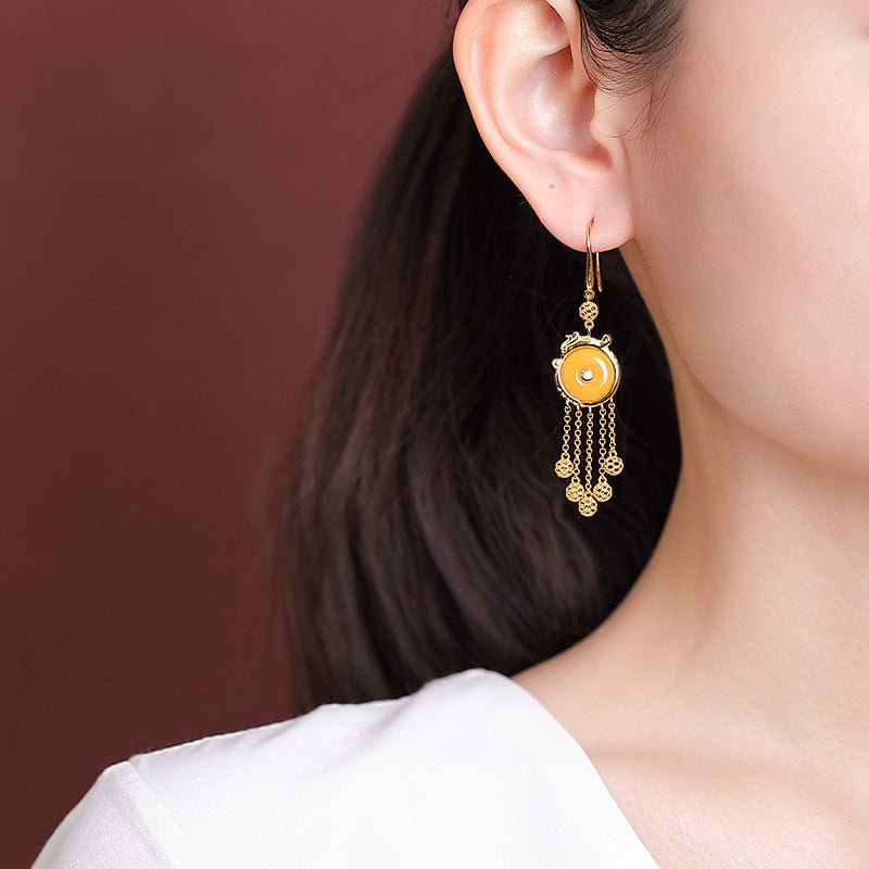 S925 Gold - Plated Amber Earrings – Phoenix & Tassel Motifs | Organic Luxury with Imperial Flair - Taichi - Zen