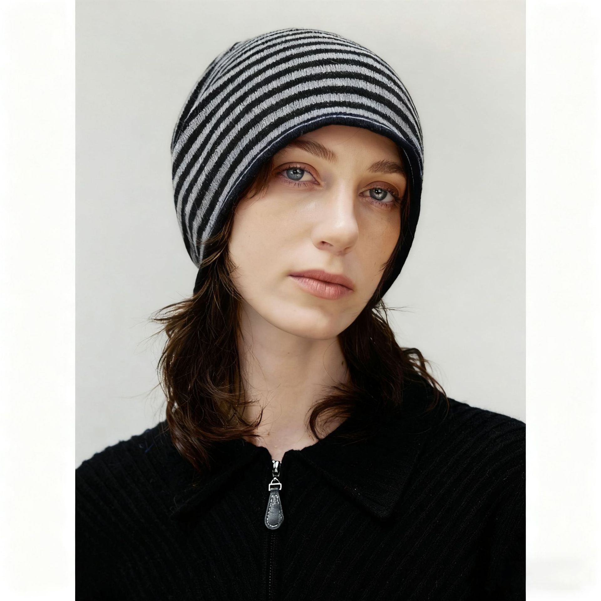 Women's Striped Slouch Beanie, Slubby Wool Knit Hat for Women, Relaxed Fit Winter Hat, Slouchy Beanie