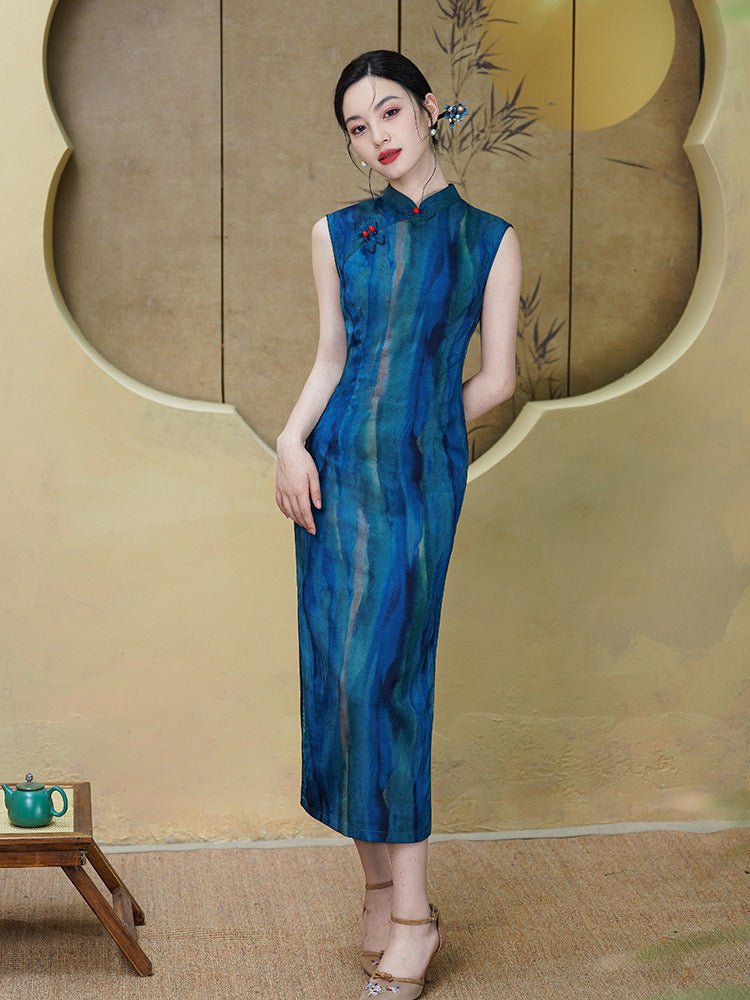 Indigo Jacquard Qipao with Flowing Side Drape - Taichi - Zen