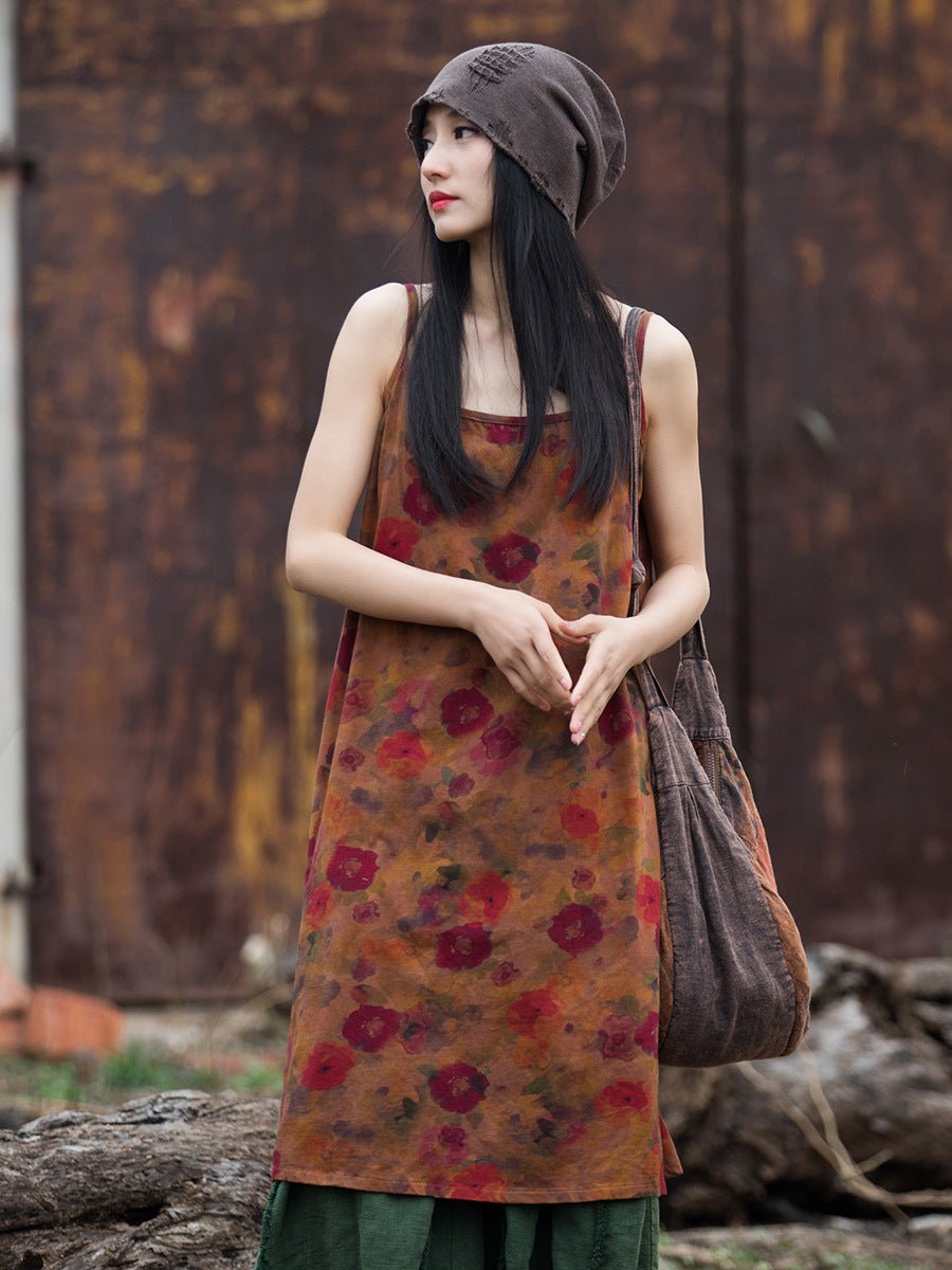Washed Cotton Floral Print Slip Dress | Vintage - Inspired Layering Piece - Taichi - Zen