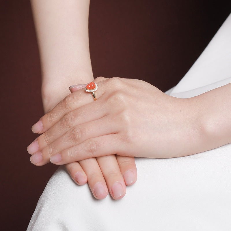 S925 Gold - Plated Red Agate Ring – "Double Blessing Band" - Taichi - Zen