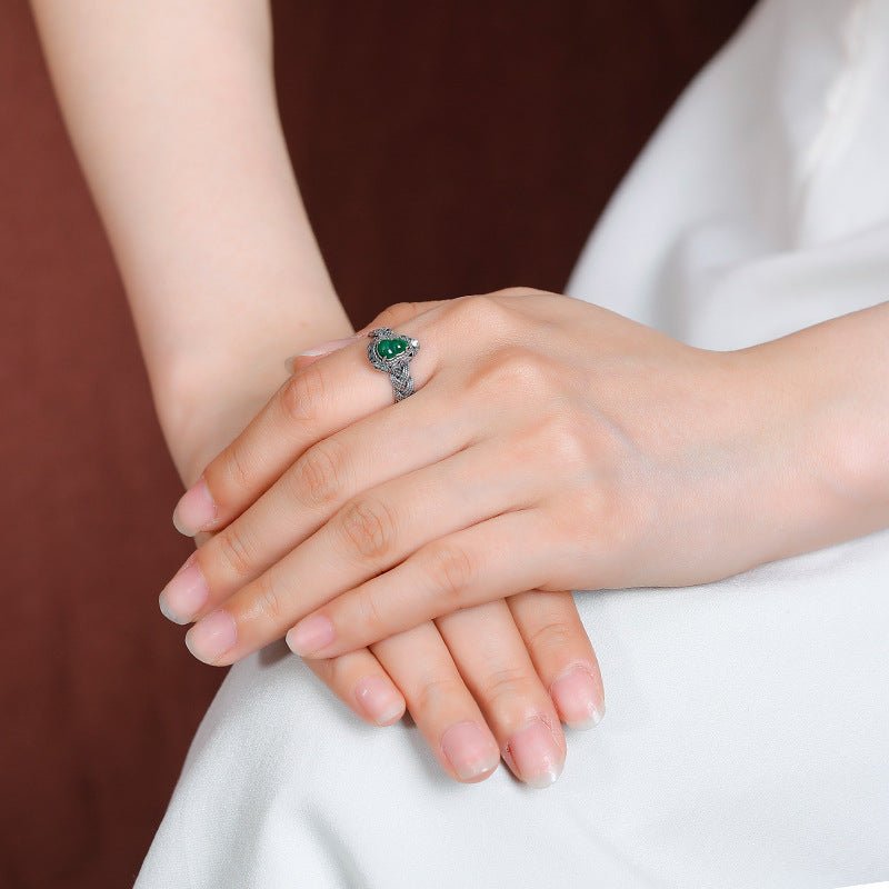 S925 Sterling Silver Jadeite Ring – Braided Gourd Open Band | Chinese "Fu Lu" Luck & Protection - Taichi - Zen