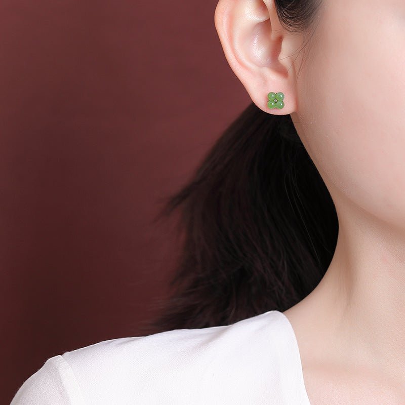 S925 Sterling Silver Jadeite Stud Earrings – "Alchemical Clover Talismans" - Taichi - Zen