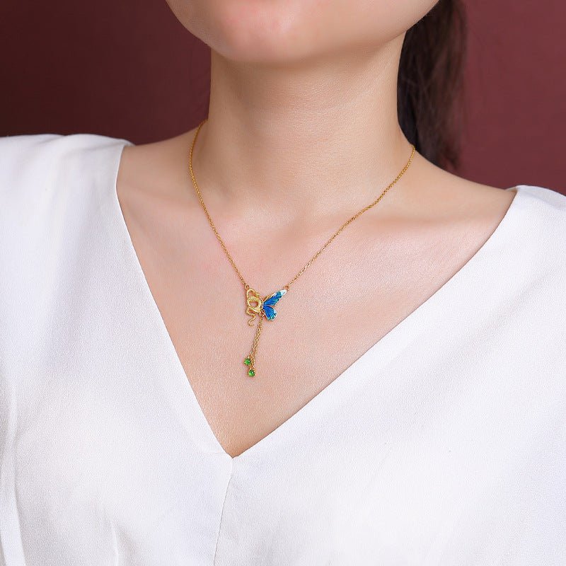 S925 Gold - Plated Jadeite Pendant – Enamel Butterfly & Serpent Motif with Tassel Chain - Taichi - Zen