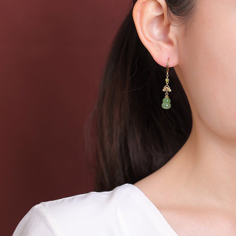 S925 Gold - Plated Hetian Jade Drop Earrings – Double Gourd of Fortune & Mindful Elegance - Taichi - Zen
