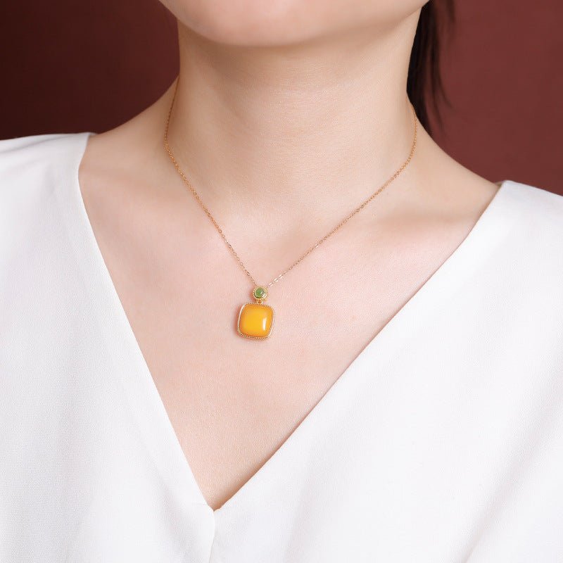 S925 Sterling Silver Hetian Jade & Beeswax Pendant – Minimalist Square Drop Necklace for Women | Chinese Classic Elegance - Taichi - Zen