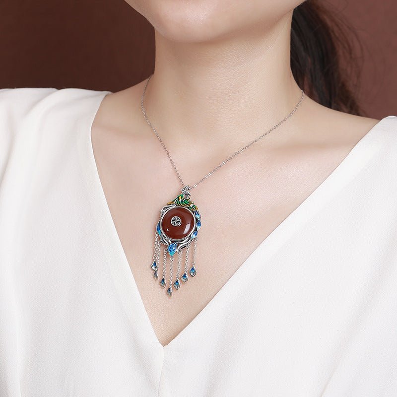 S925 Sterling Silver Peacock Enamel Pendant – Red Agate 'Fu' Charm with Tassels - Taichi - Zen