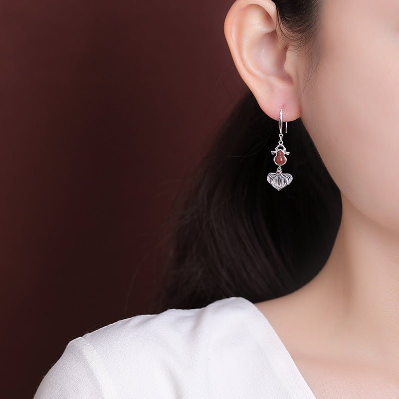 S925 Sterling Silver Red Agate Earrings – "Golden Fish & Gourd Harmony" - Taichi - Zen