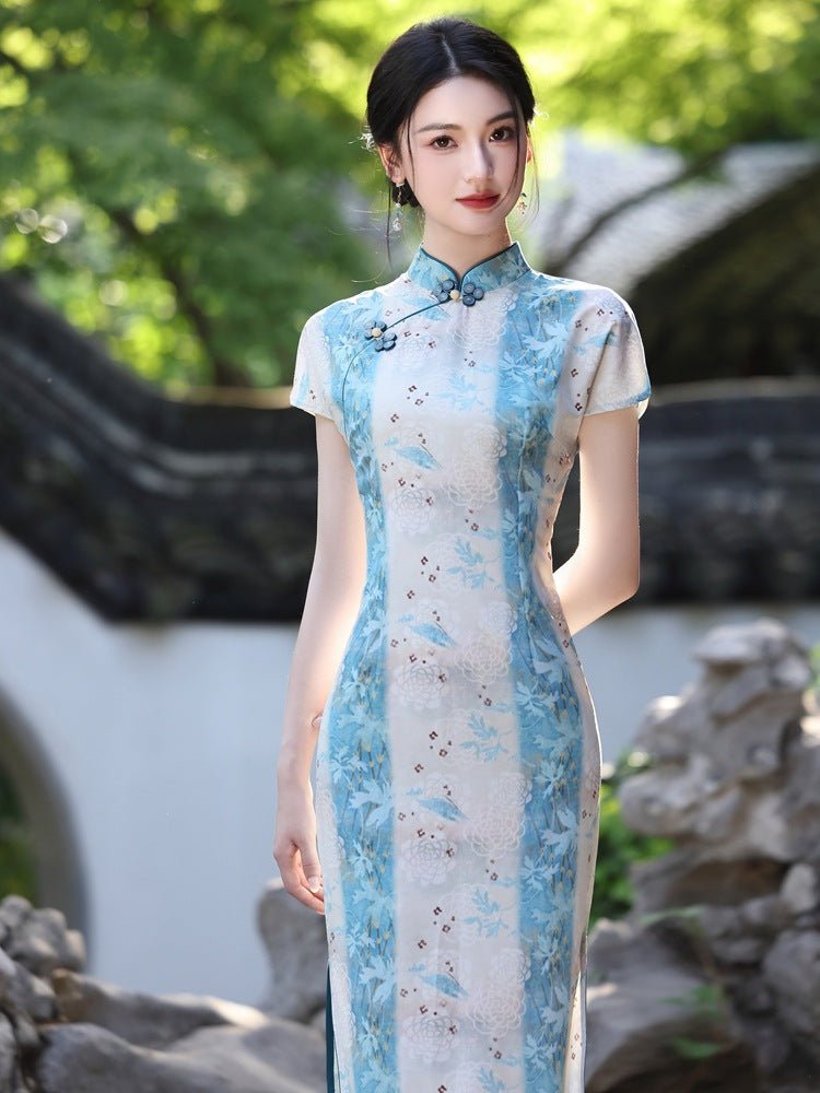 Camellia White Qipao with Blue Panels and Light Bloom - Taichi - Zen