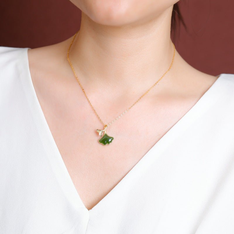 S925 Sterling Silver Gold - Plated Hetian Jade Pendant – Vintage Ginkgo Leaf Necklace | Chinese Minimalist Jewelry - Taichi - Zen