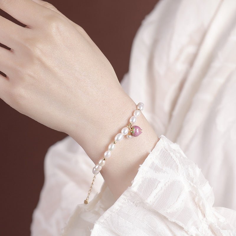 S925 Sterling Silver Gold - Plated Freshwater Pearl Bracelet – Tulip Elegance in Minimalist Chinese Aesthetic - Taichi - Zen