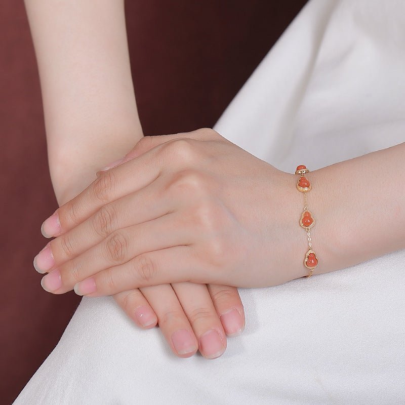 Natural Nanhong Water - Red Gourd Bracelet – S925 Sterling Silver Gold - Plated Lucky Double Gourd & Coin Charm | Wealth, Health & Longevity Amulet - Taichi - Zen