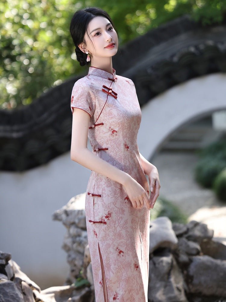 Blush Pink Qipao with Red Floral Accents - Taichi - Zen