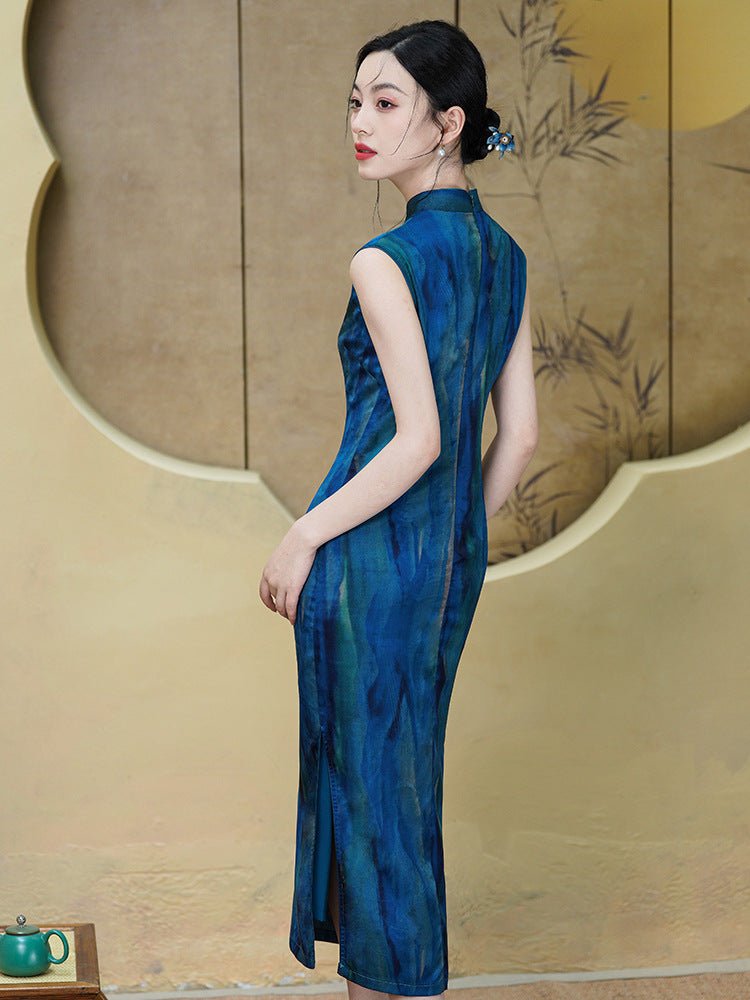 Indigo Jacquard Qipao with Flowing Side Drape - Taichi - Zen