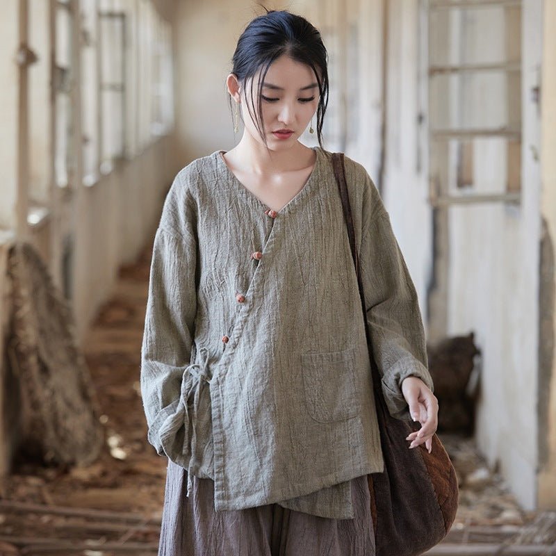 Hand - Dyed Ramie Wrap Blouse | New Chinese Style Loose Jacket - Taichi - Zen