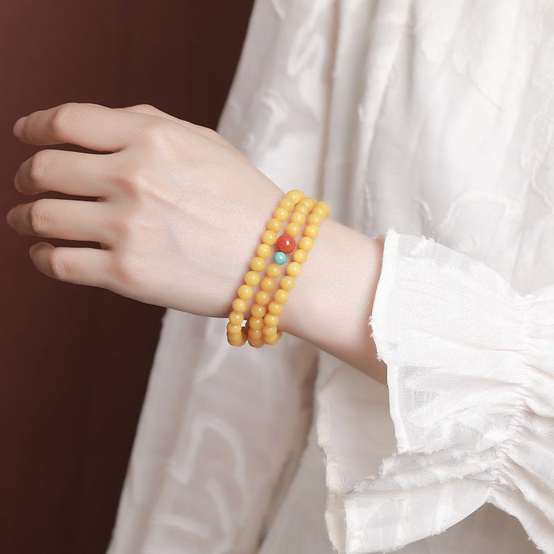 Triple - Layer Amber Bracelet – Honey Gold Amber, Southern Red & Turquoise Beads | Timeless Stackable Elegance - Taichi - Zen
