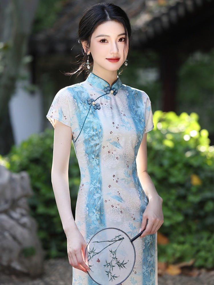 Camellia White Qipao with Blue Panels and Light Bloom - Taichi - Zen