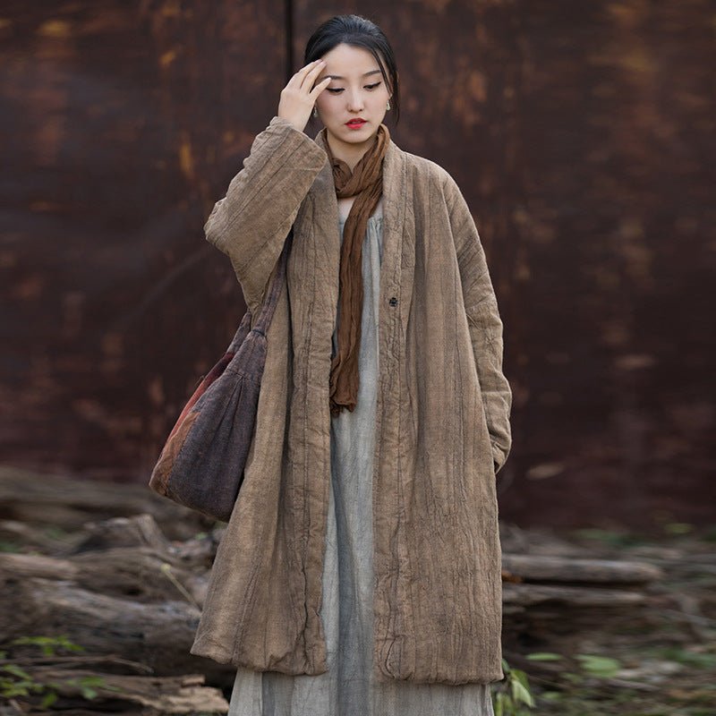 Handmade Long Cotton - Linen Winter Coat | Zen Style Padded Jacket | Tie - Dye Vintage Finish - Taichi - Zen