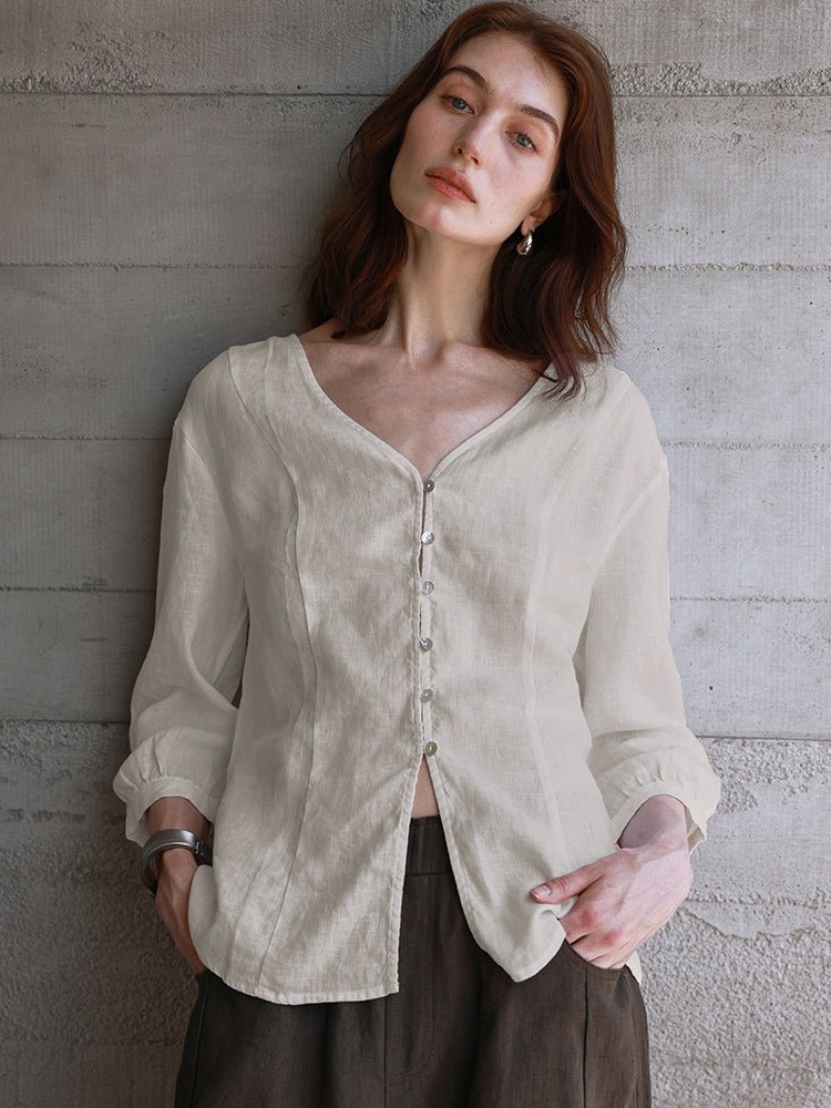 100% Linen Asymmetrical Shirt – Soft White, Light Shape - Taichi - Zen