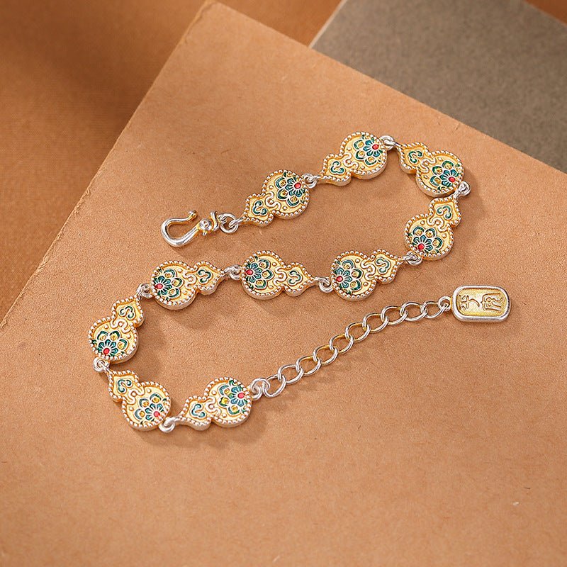 Pure 999.9 Silver 'Ruyi' Blessing Bracelet – Enamel Treasure Flowers & Lucky Gourds - Taichi - Zen