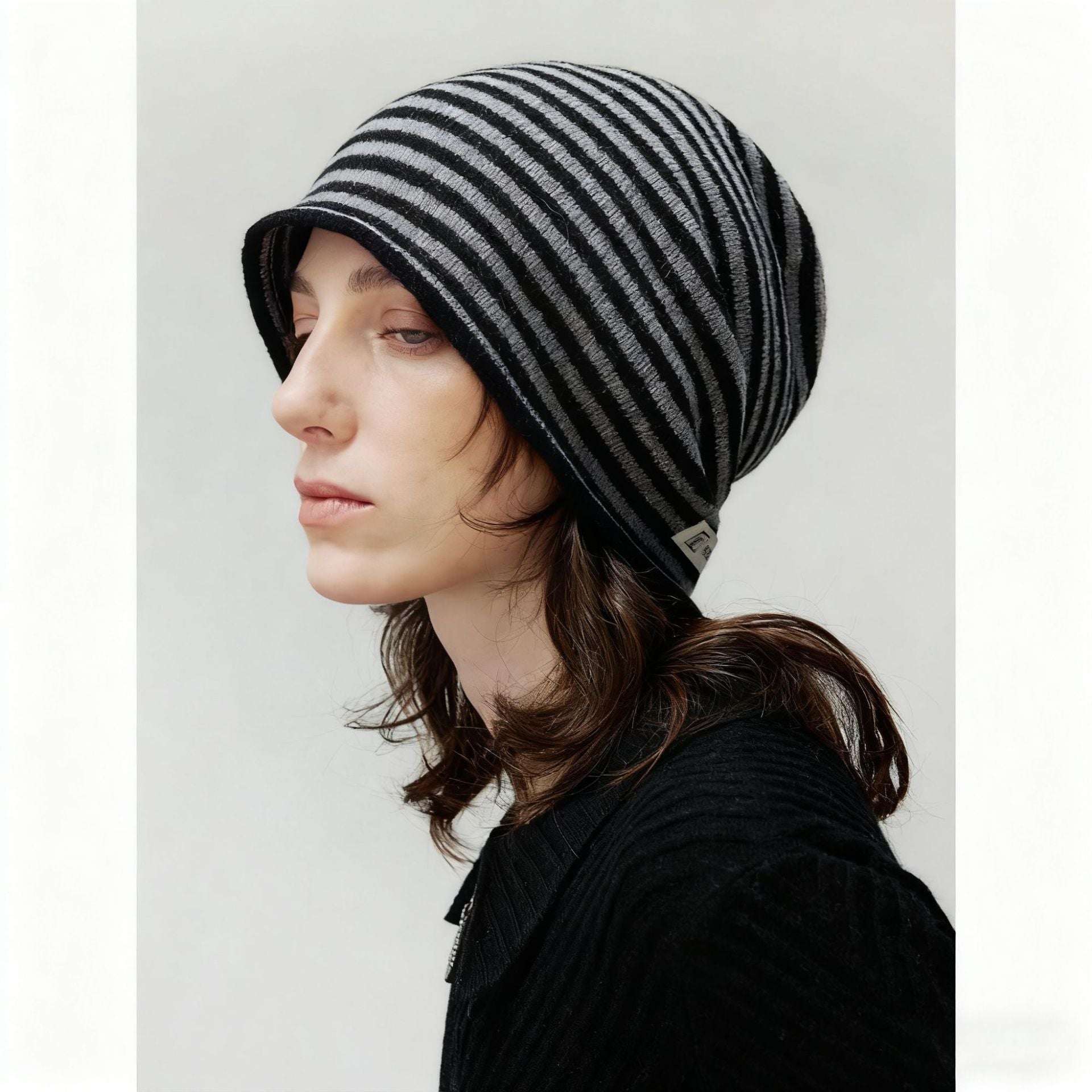 Women's Striped Slouch Beanie, Slubby Wool Knit Hat for Women, Relaxed Fit Winter Hat, Slouchy Beanie