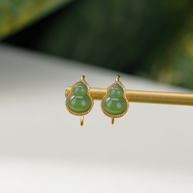 S925 Sterling Silver Gold - Plated Hetian Jade / Beeswax / Red Agate Earrings – Chinese Gourd Hook Design | Natural Gemstone Minimalist Dangle Earrings - Taichi - Zen