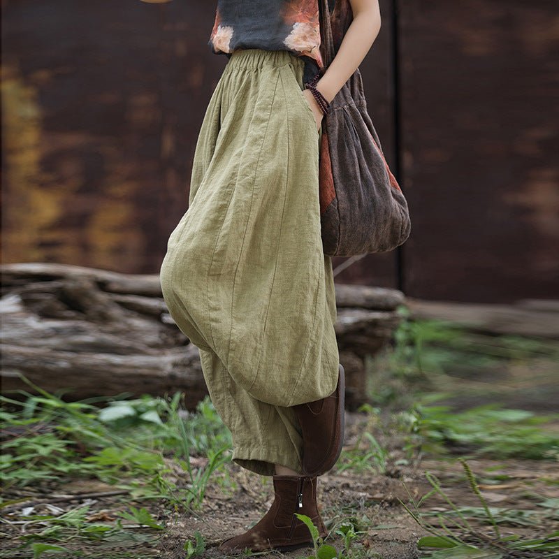 Washed Ramie Patchwork Lantern Pants | Loose - Fit Nine - Tenths Trousers - Taichi - Zen
