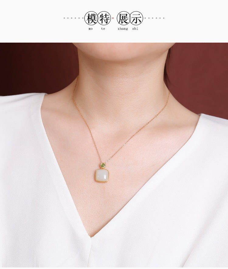 S925 Sterling Silver Hetian Jade & Beeswax Pendant – Minimalist Square Drop Necklace for Women | Chinese Classic Elegance - Taichi - Zen