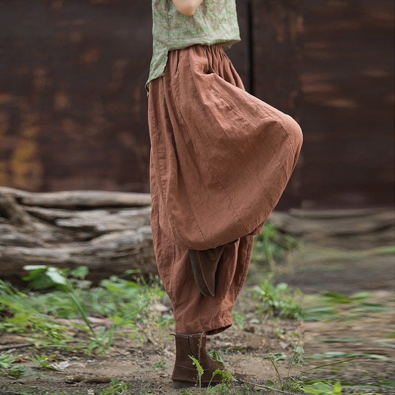 Washed Ramie Patchwork Lantern Pants | Loose - Fit Nine - Tenths Trousers - Taichi - Zen