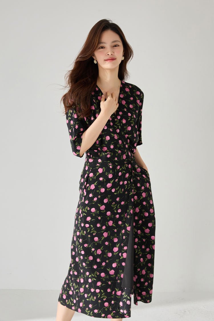 Night Garden in Bloom — Soft - Waist Midi Dress - Taichi - Zen