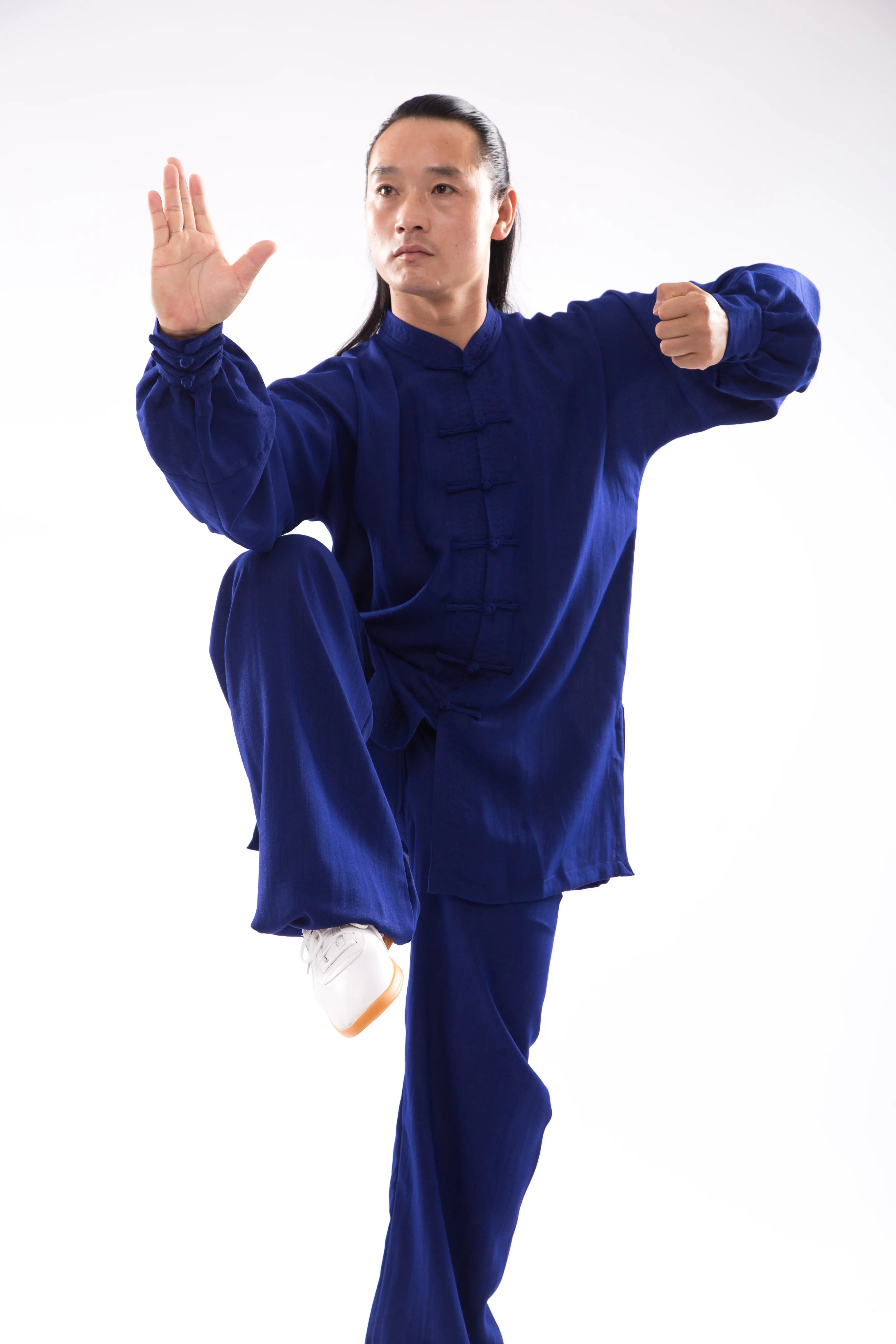 Navy Elegance: Wudang Mountain Tai Chi Wellness Attire - Gender-Neutral Hanfu in Natural Linen, Traditional Chinese Martial Arts Craftsmanship