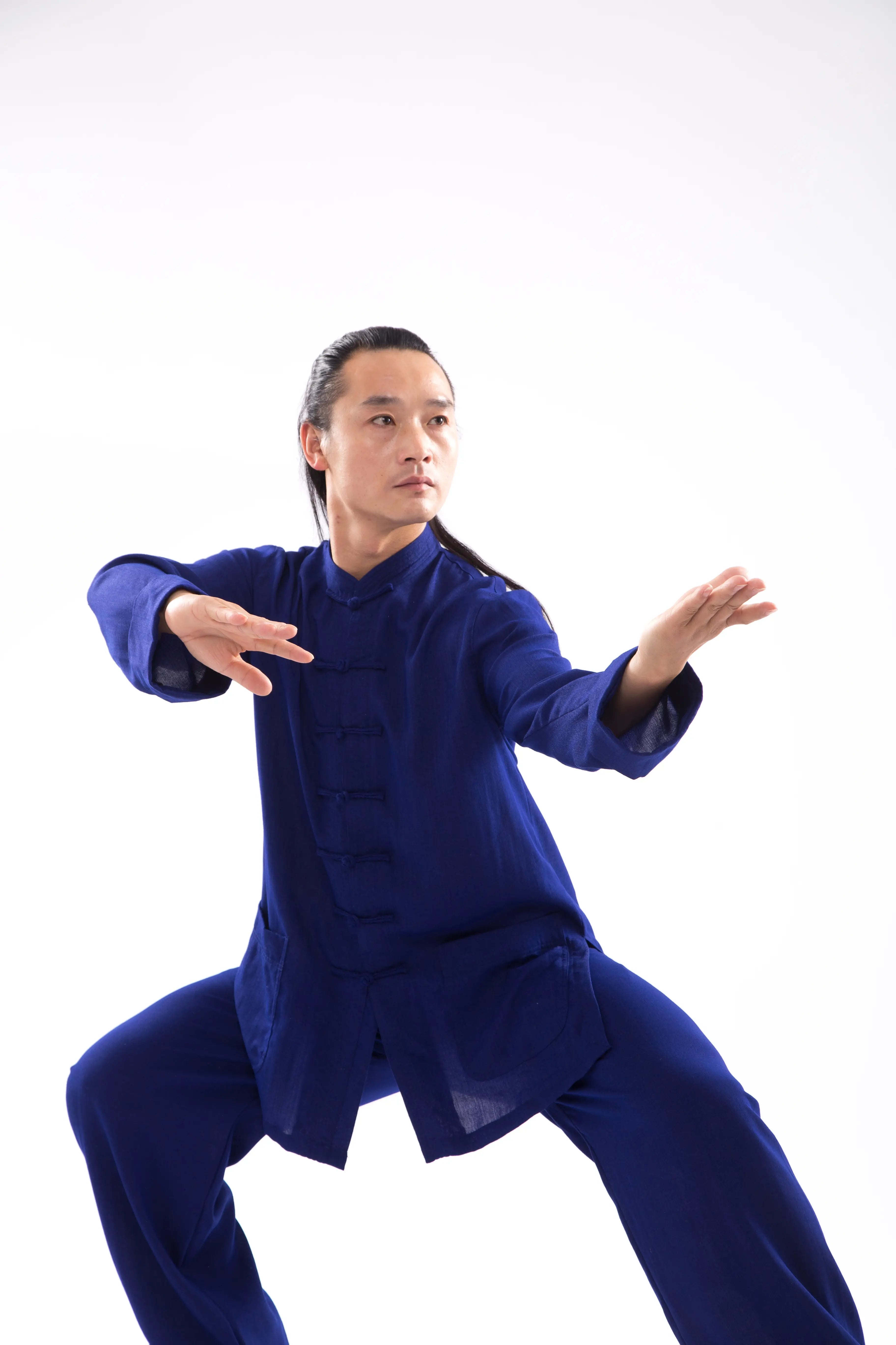 Navy Elegance: Wudang Mountain Tai Chi Wellness Attire - Gender-Neutral Hanfu in Natural Linen, Traditional Chinese Martial Arts Craftsmanship