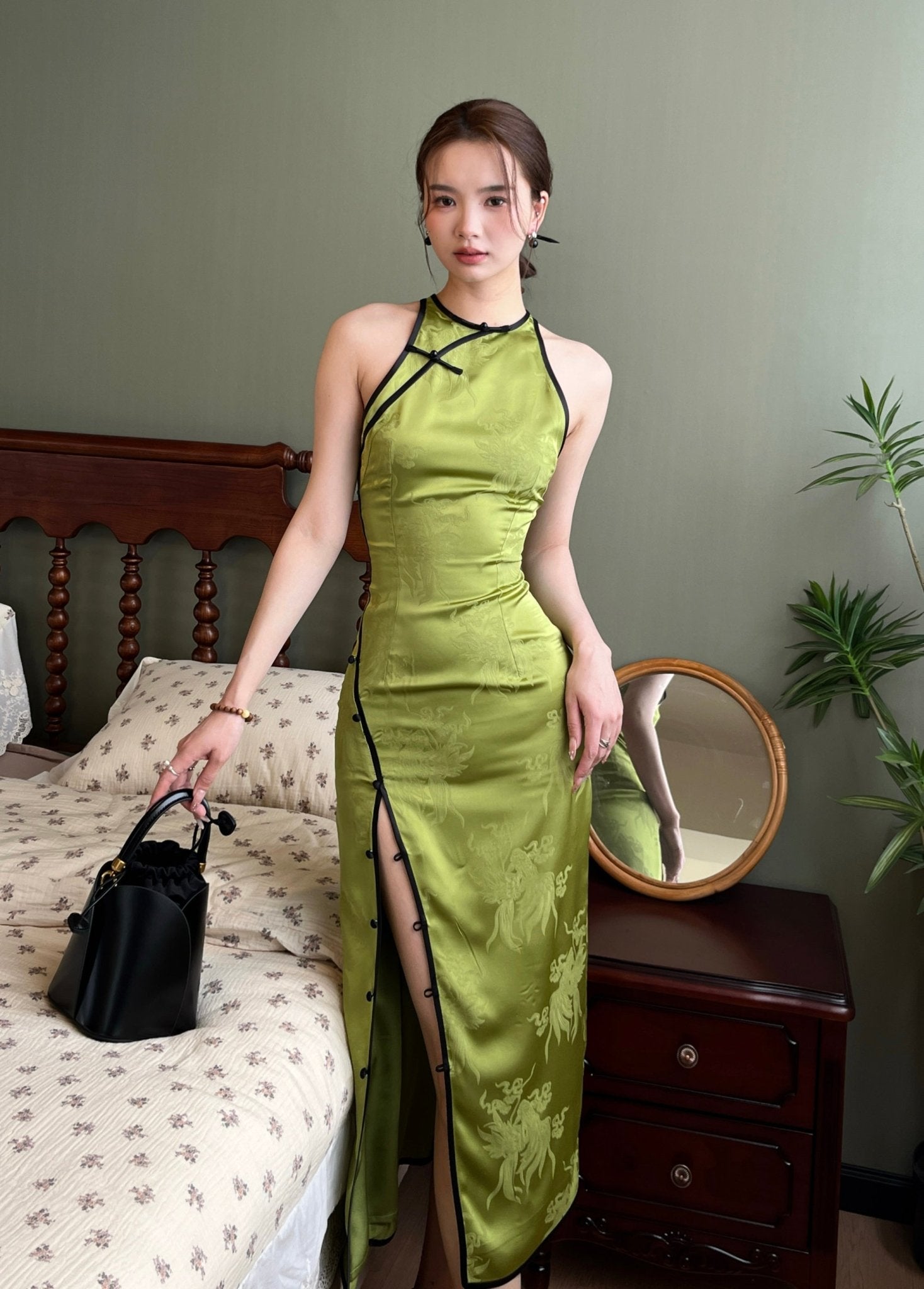 Bamboo Green Satin Cheongsam Dress - Modern Chinese Style Slip Dress - Taichi - Zen