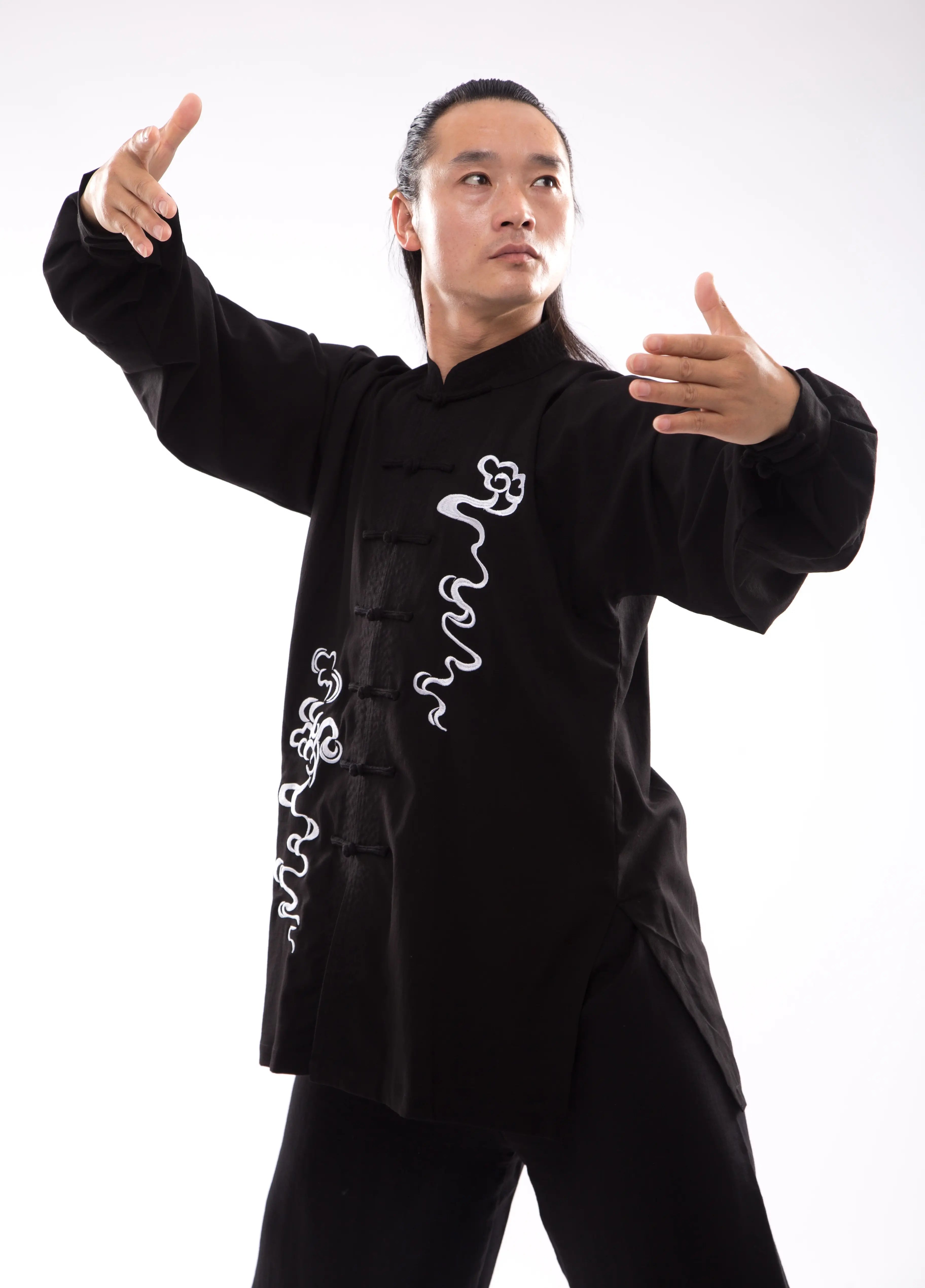 Classical White Auspicious Cloud Embroidered Wudang Tai Chi Wellness Ensemble: Unisex, Silk-Linen Blend - Timelessly Elegant Traditional Hanfu Martial Arts Uniform