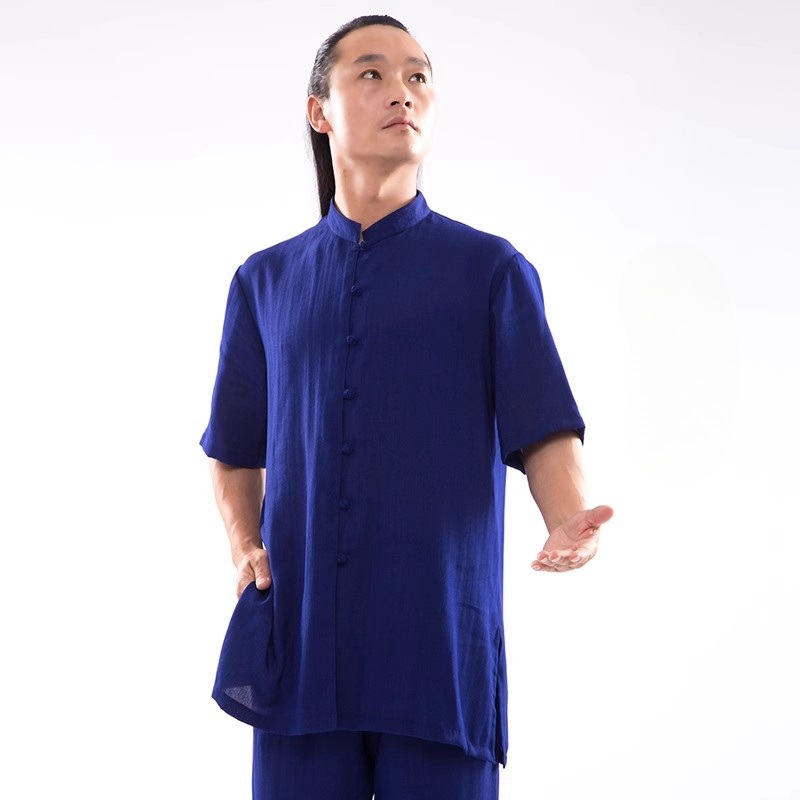 Sleek Navy Blue Wudang Mountain Wellness Tai Chi Hanfu: Unisex, Short-Sleeved, Eco-Friendly Linen - Classic Chinese Martial Arts Wear